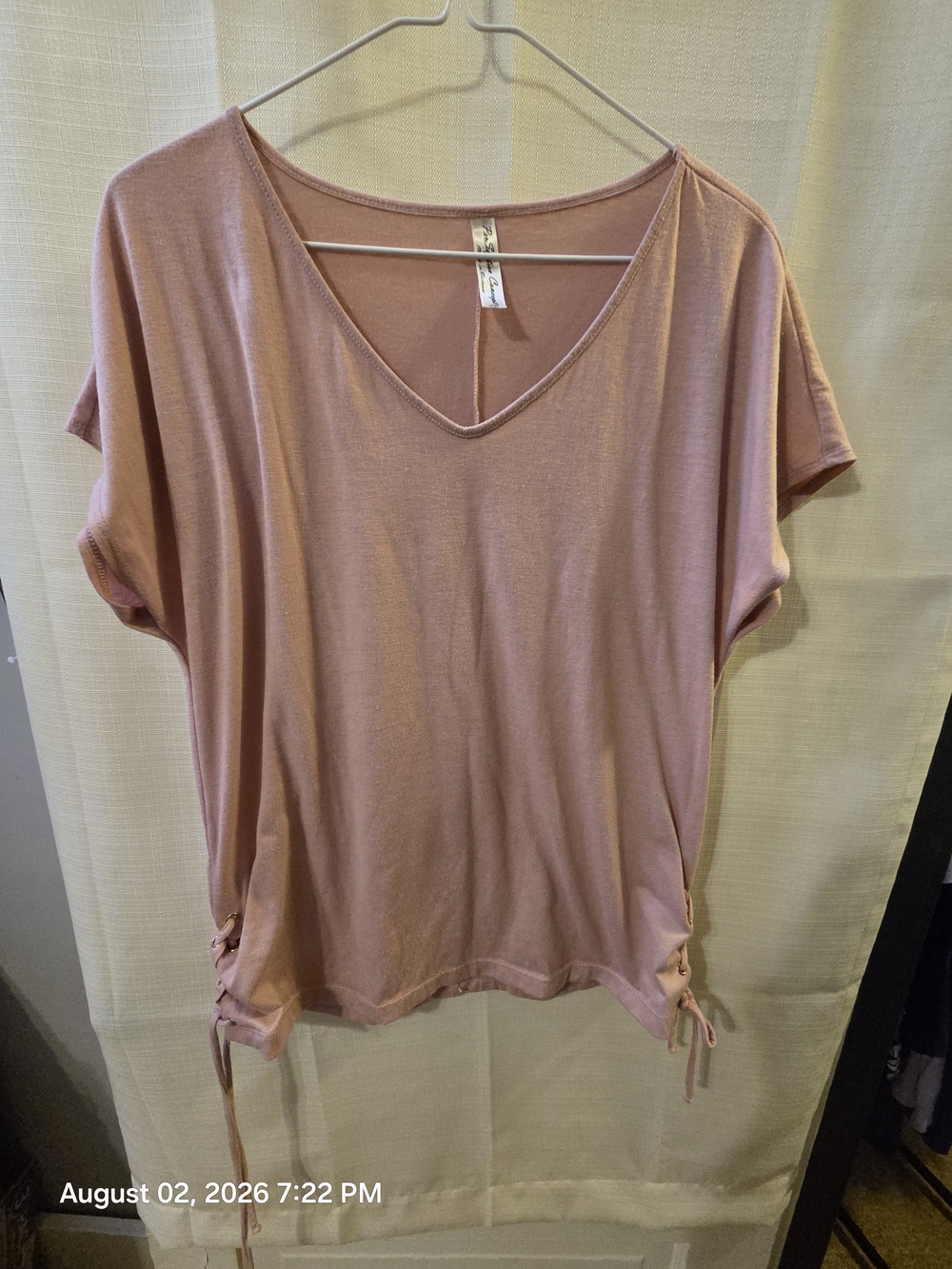 PerSeption Concept Dusty Rose V-Neck Short Sleeve Top with Side Ties
